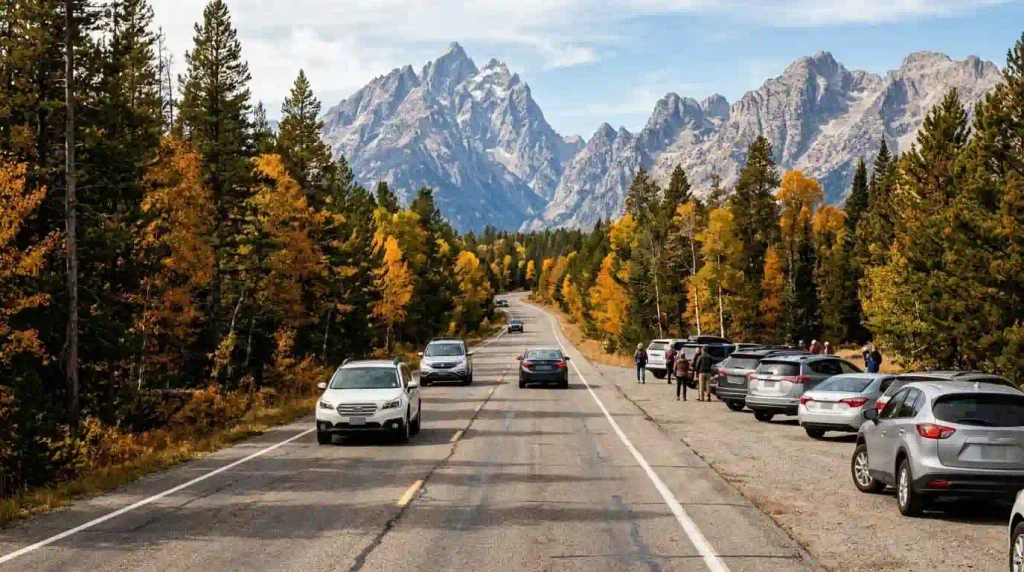 Cars traveling and parked along a scenic mountain road surrounded by fall-colored trees