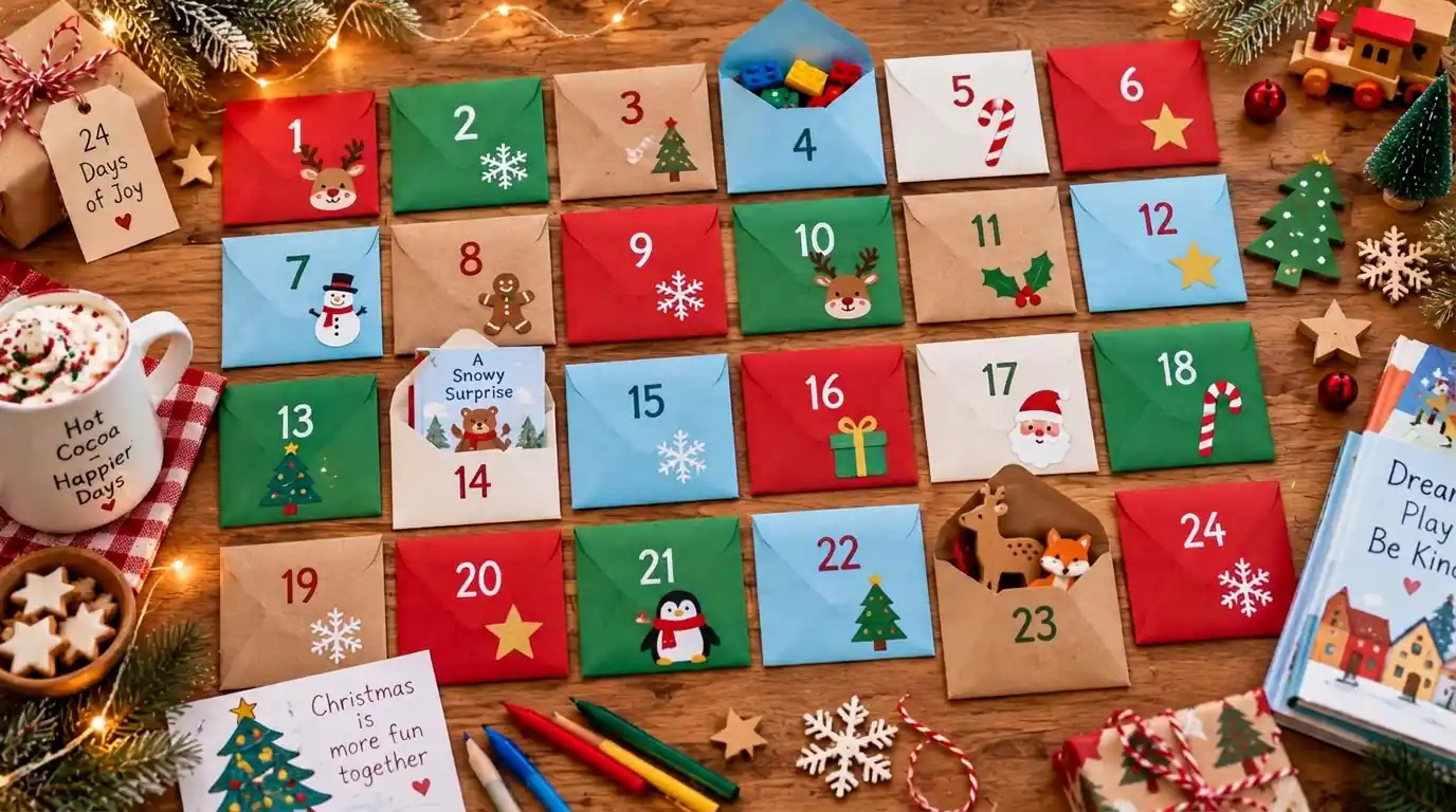 Christmas Advent calendar with numbered envelopes and small toys for kids