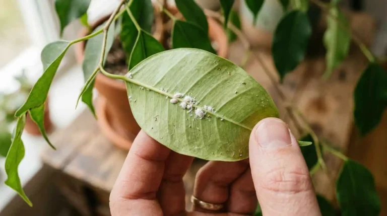 Mealybugs clustered along the stem of a houseplant leaf