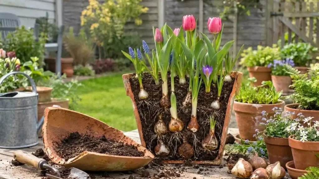 Layered spring bulbs in a cutaway terracotta pot with tulips, grape hyacinths, and crocuses