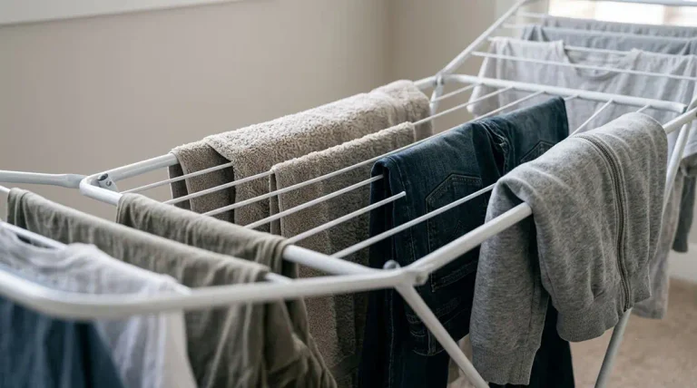 Clothes and towels drying on an indoor drying rack
