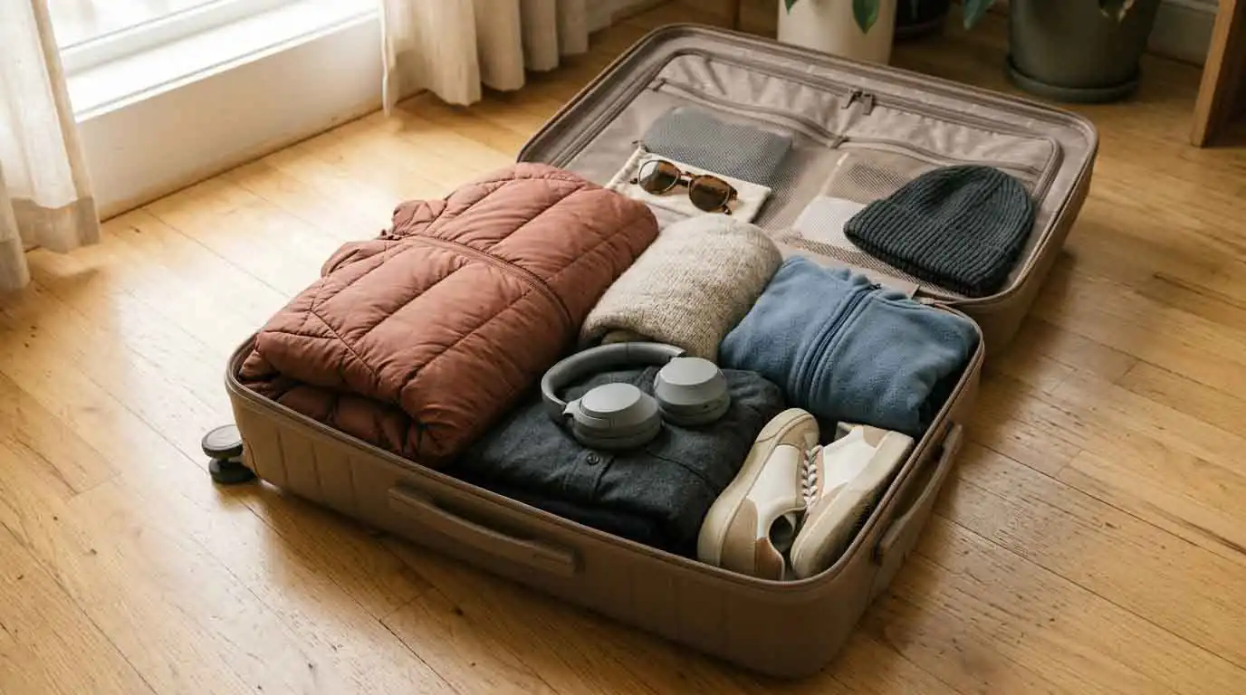 Open suitcase packed with folded clothes, shoes, headphones, and travel accessories