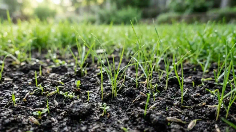 New grass seedlings emerging from dark soil in a lawn