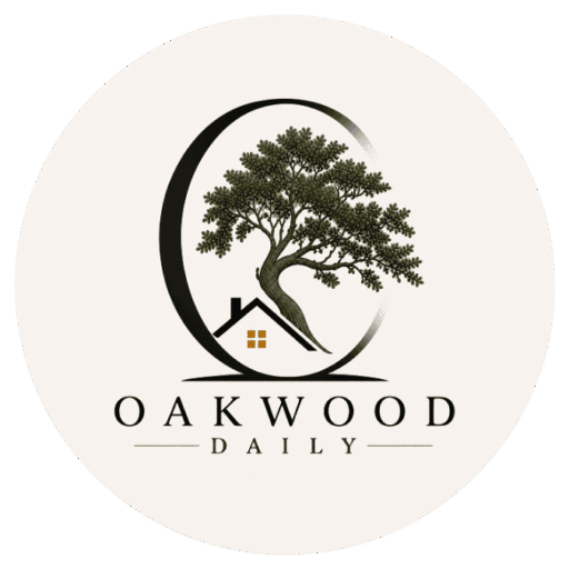 Oakwood Daily logo with an oak tree and small house inside a circular design