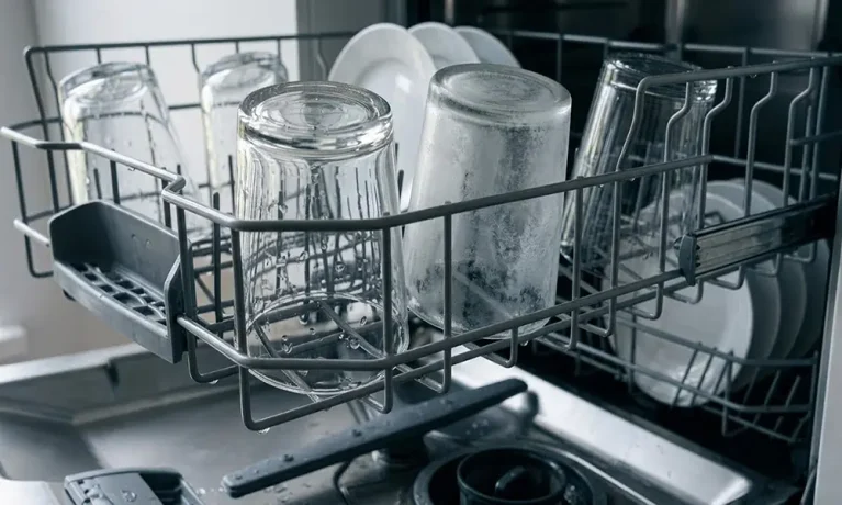 Cloudy drinking glasses in a dishwasher rack