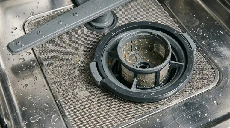 Dirty dishwasher filter with food debris and residue at the bottom of the dishwasher