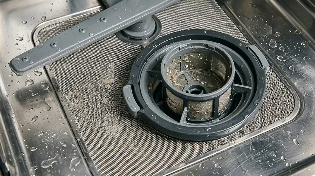 Dirty dishwasher filter with food debris and residue at the bottom of the dishwasher