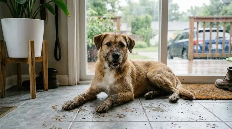 Wet dog sitting on a tiled entryway floor after a rainy walk