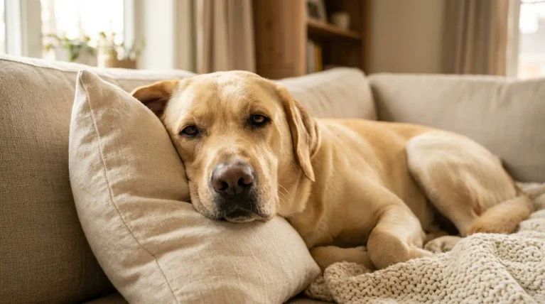 Dog resting on a sofa with its head on a pillow