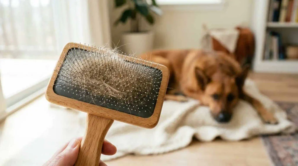 Dog grooming brush covered with loose fur beside a resting dog