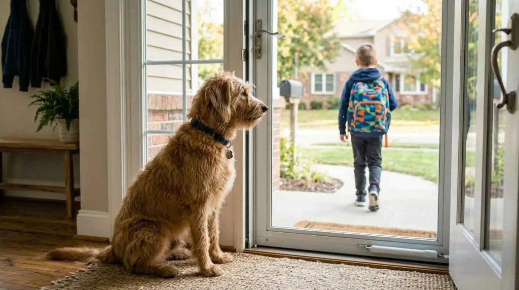 Dog sitting by an open front door as a child leaves for school