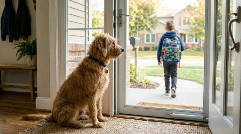 Dog sitting by an open front door as a child leaves for school