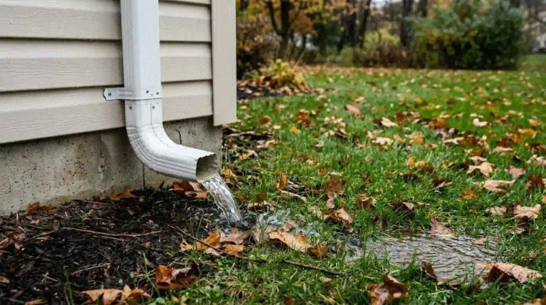 Rainwater flowing from a house downspout onto the lawn