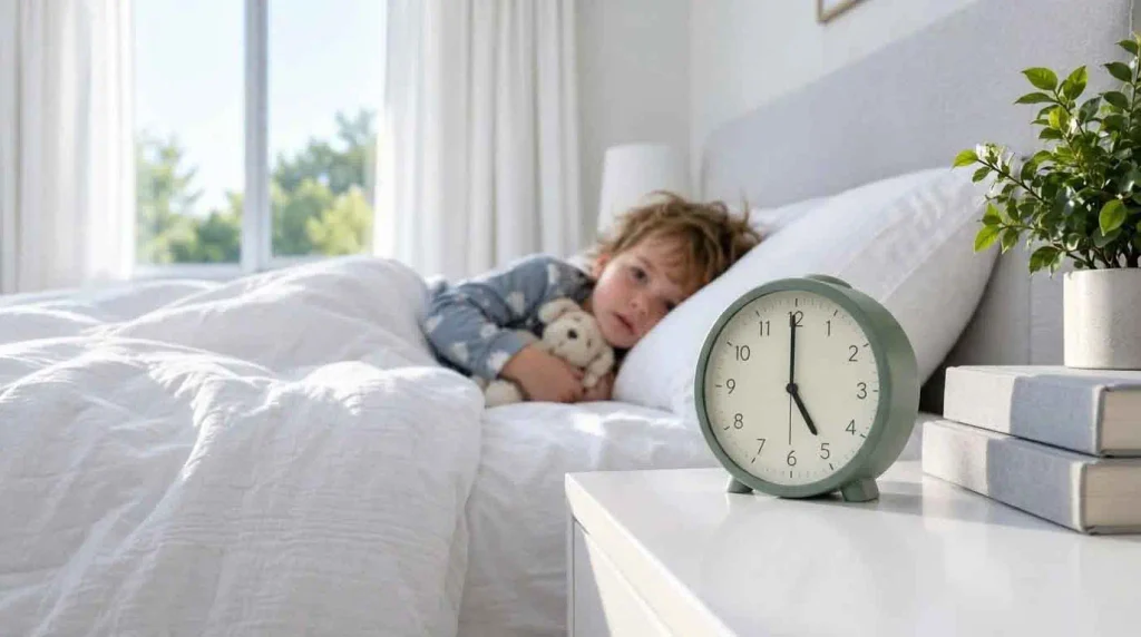Toddler resting in bed with a stuffed animal beside an alarm clock