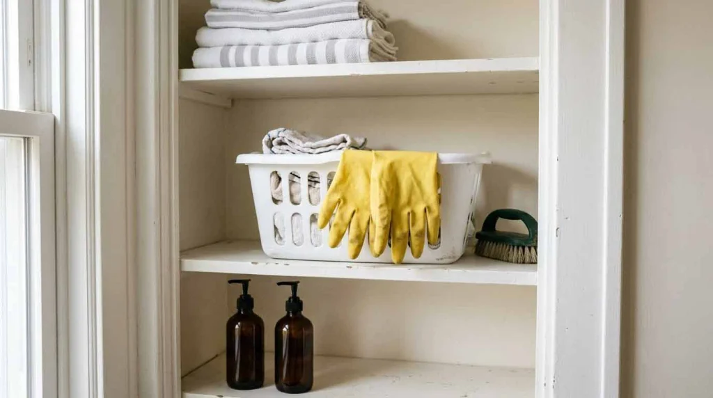 Laundry room shelf with cleaning supplies, rubber gloves, towels, and a scrub brush