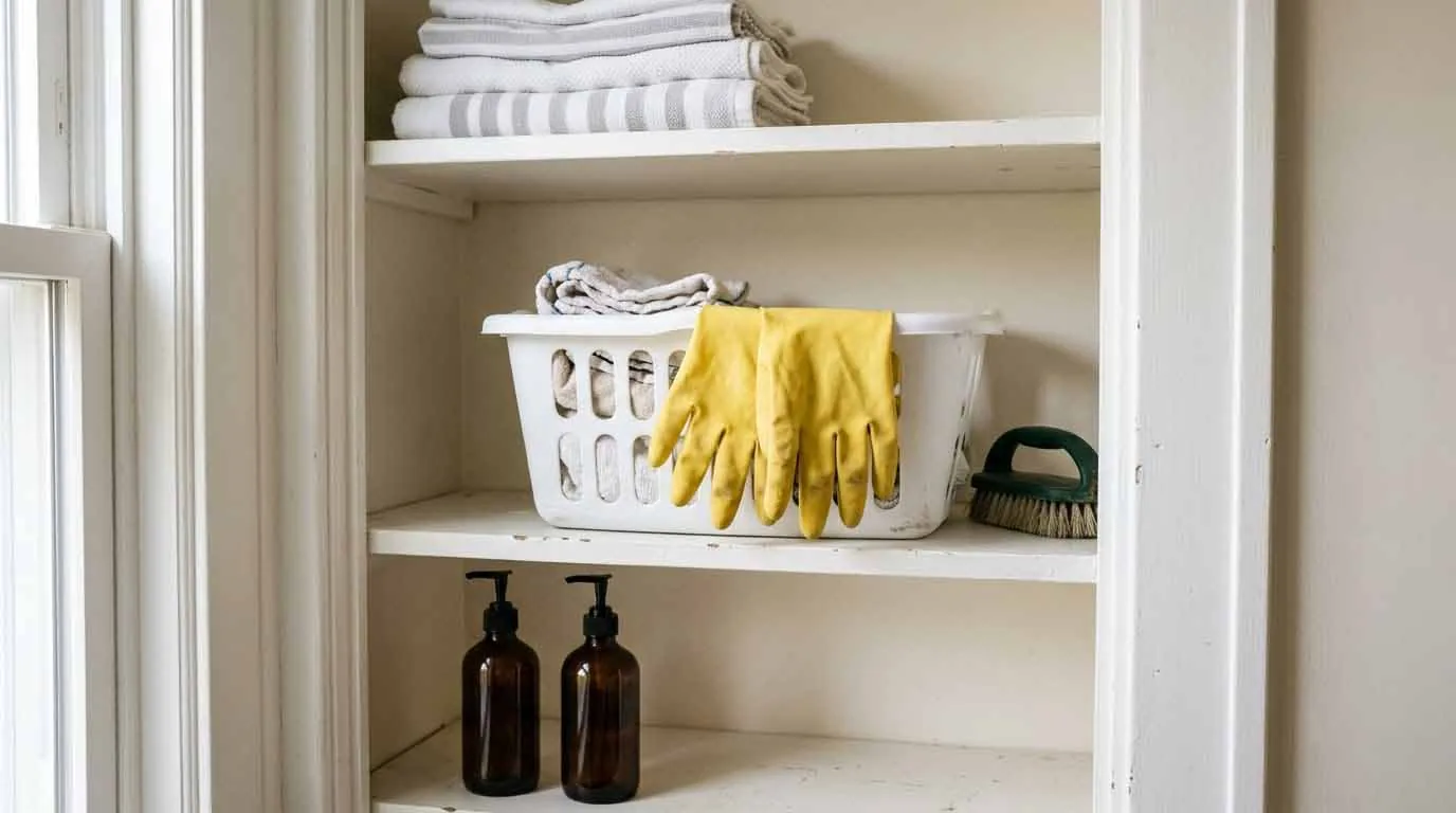 Laundry room shelf with cleaning supplies, rubber gloves, towels, and a scrub brush