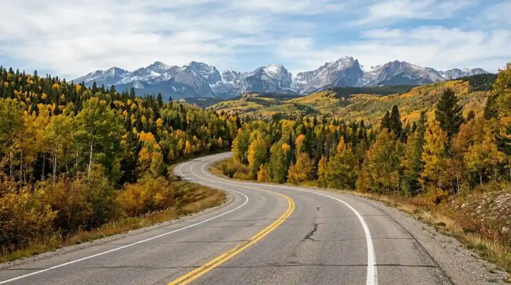 Winding mountain road through golden fall foliage with snow-capped mountains in the distance