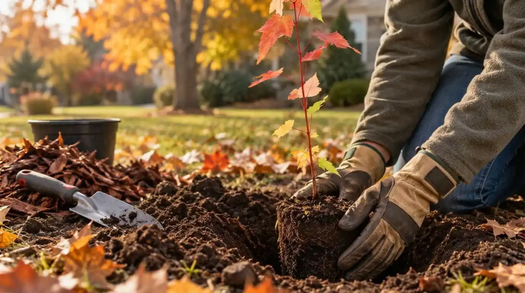 Gardener planting a young tree with a root ball in a fall garden