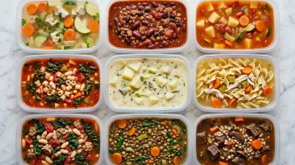Homemade soups and stews portioned in meal prep containers