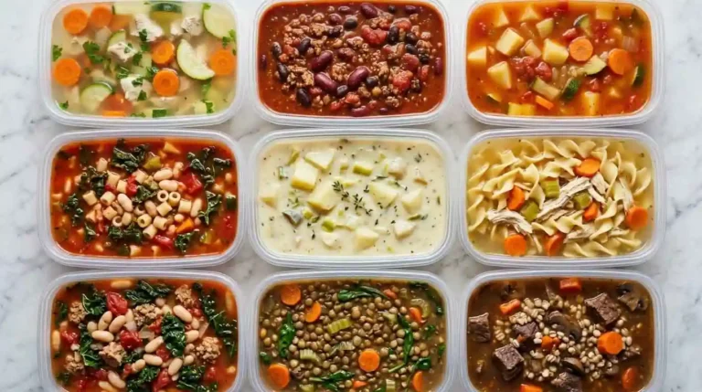 Homemade soups and stews portioned in meal prep containers