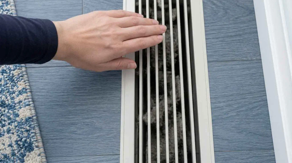 Hand checking airflow from a dusty floor heating vent