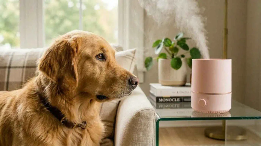 Dog resting beside a room humidifier on a glass table