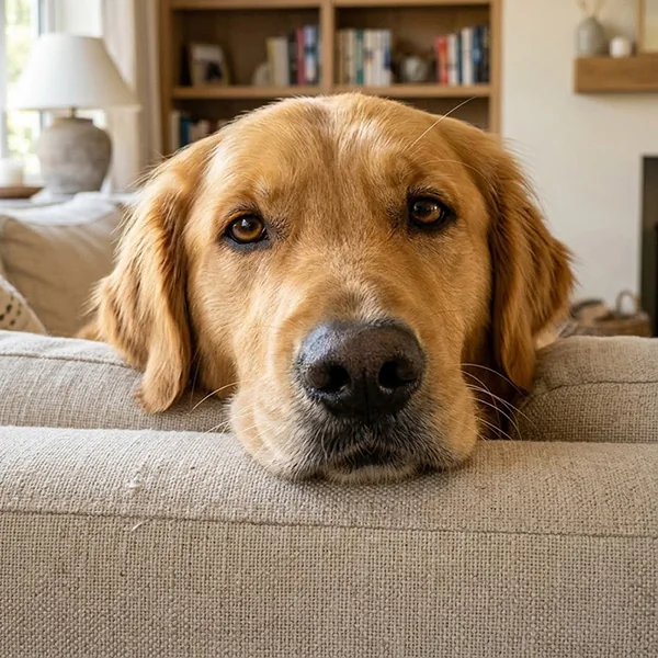 Golden retriever resting its head on a sofa in a living room