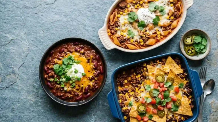 Ground beef with beans, corn, cheese, and tortilla chips in three dishes