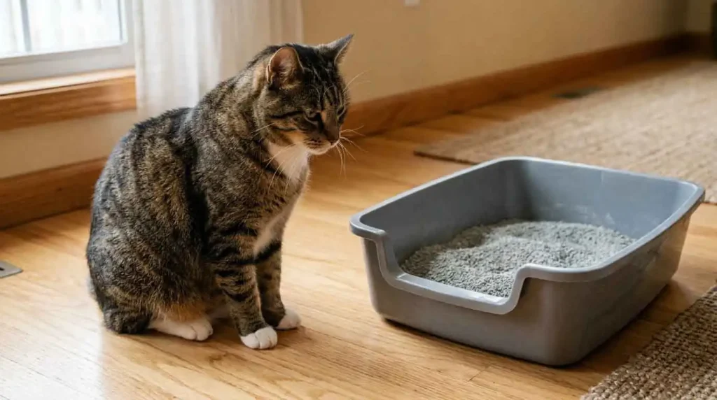 Older cat sitting beside an open litter box on a hardwood floor