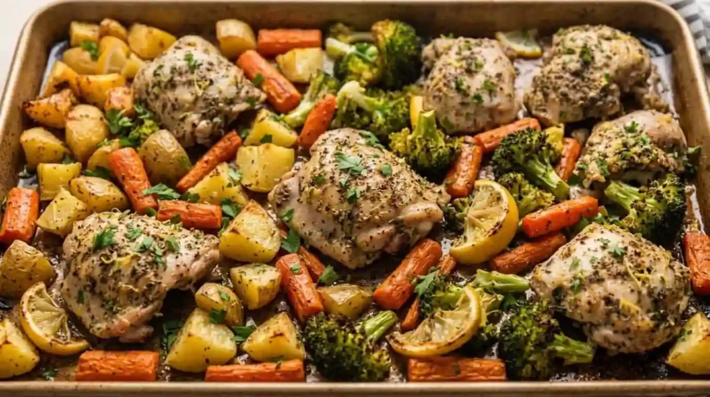 Sheet pan chicken thighs with roasted potatoes, carrots, broccoli, and lemon