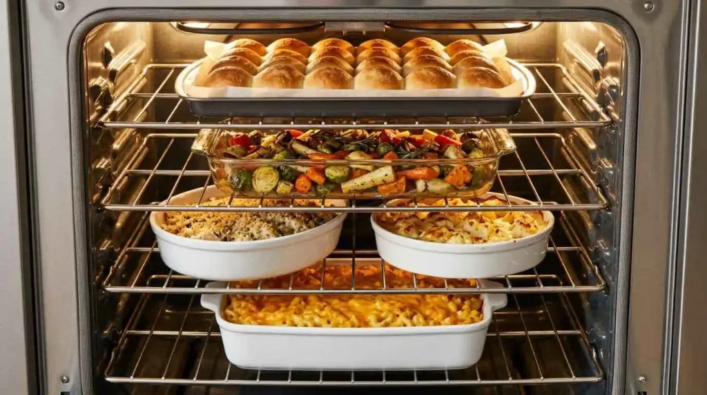Thanksgiving dishes cooking on multiple oven racks