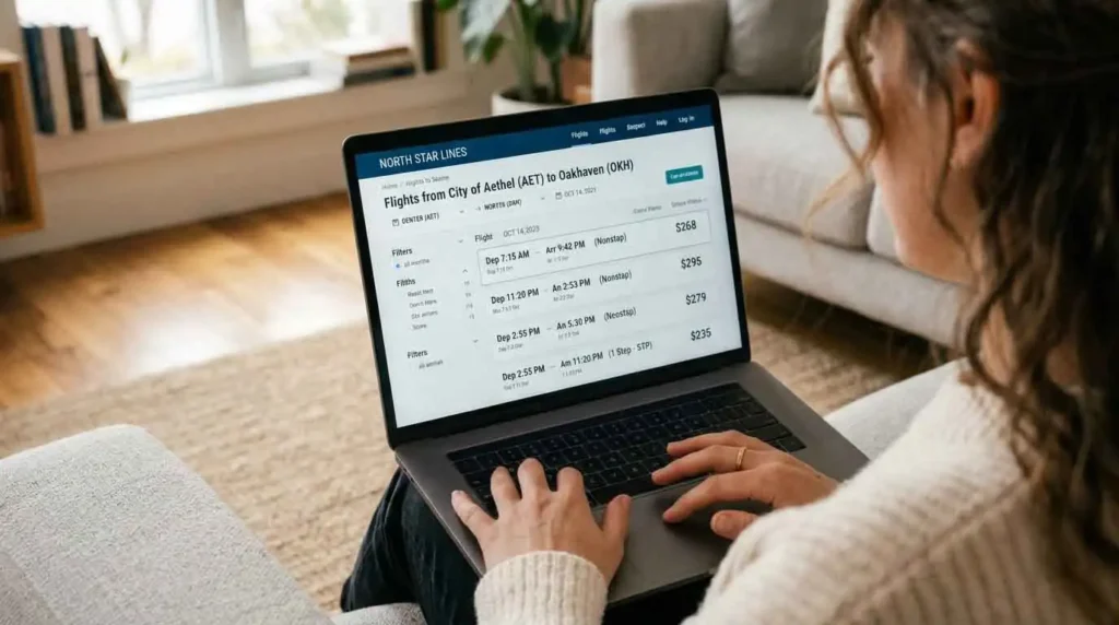 Woman searching for flights on a laptop at home