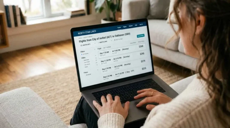 Woman searching for flights on a laptop at home