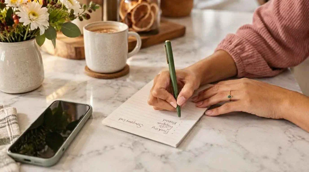 Person writing a Thanksgiving potluck planning list at a kitchen counter
