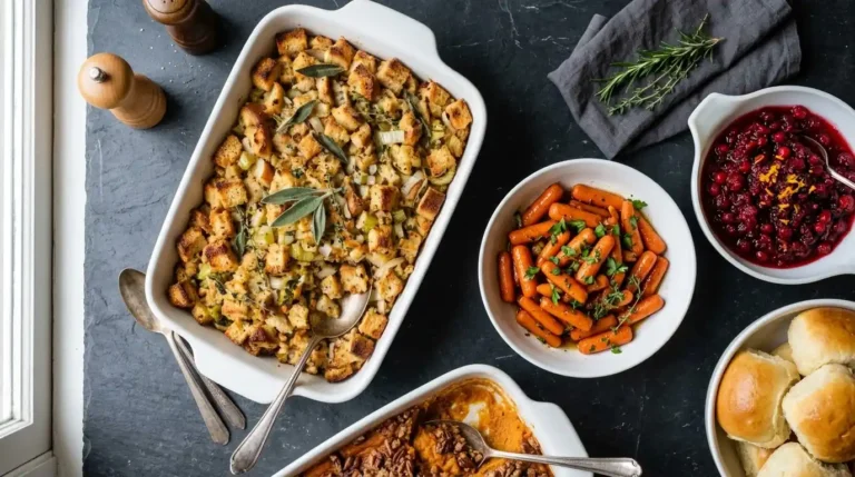 Thanksgiving side dishes with stuffing, roasted carrots, cranberry sauce, and dinner rolls