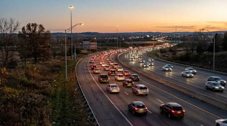 Heavy highway traffic at sunset with long lines of cars