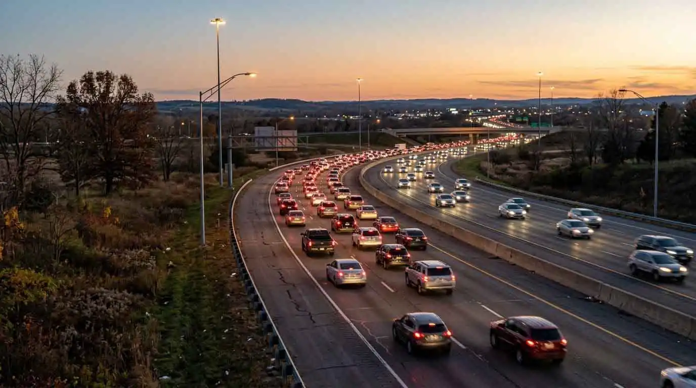 Heavy highway traffic at sunset with long lines of cars