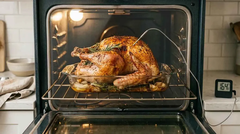 Roasting turkey in the oven with a temperature probe inserted