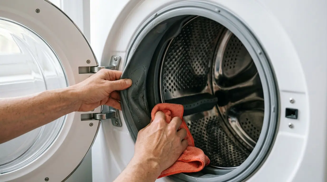 Person wiping the rubber gasket of a front-load washing machine
