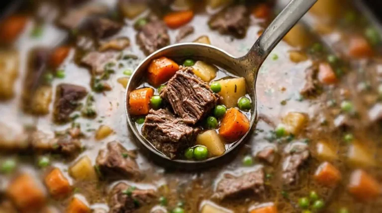 Ladle of beef stew with carrots, potatoes, peas, and tender beef