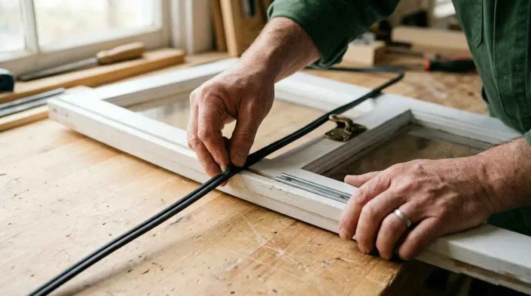 Hands installing weatherstripping along the frame of a white window