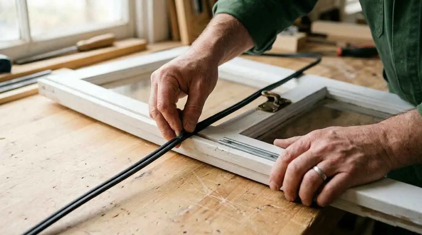 Hands installing weatherstripping along the frame of a white window