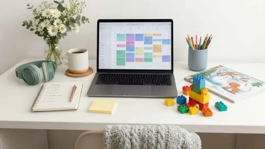Home workspace with a laptop calendar, notebook, coffee, and children's toys for planning winter break