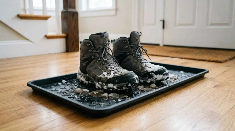 Snow-covered winter boots sitting in a black boot tray in a home entryway