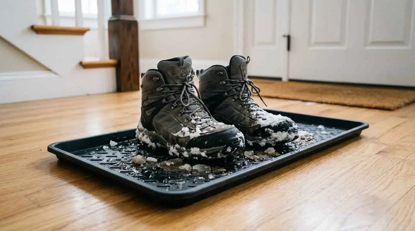 Snow-covered winter boots sitting in a black boot tray in a home entryway