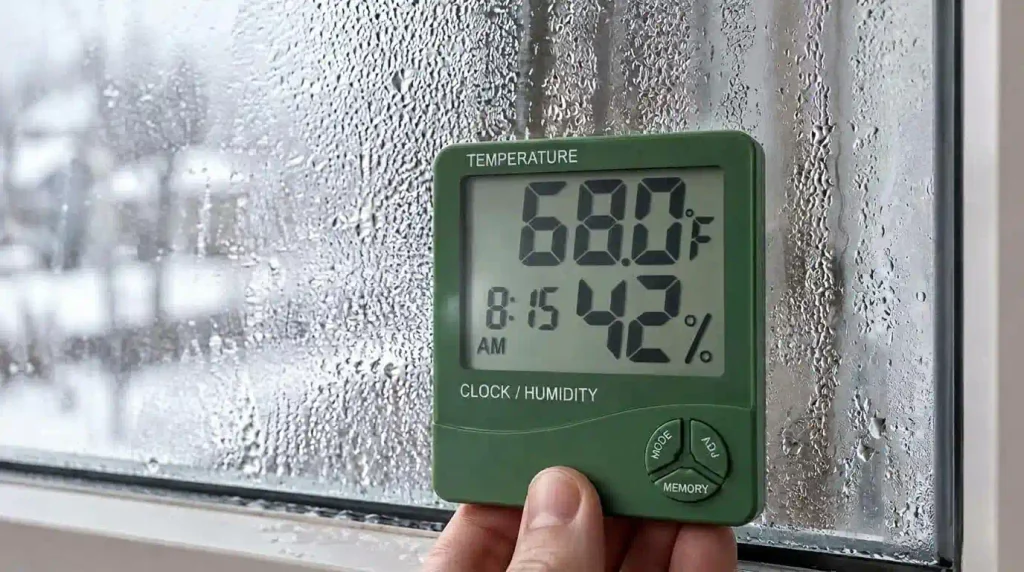 Digital humidity monitor showing 68°F and 42% humidity beside a window covered in winter condensation