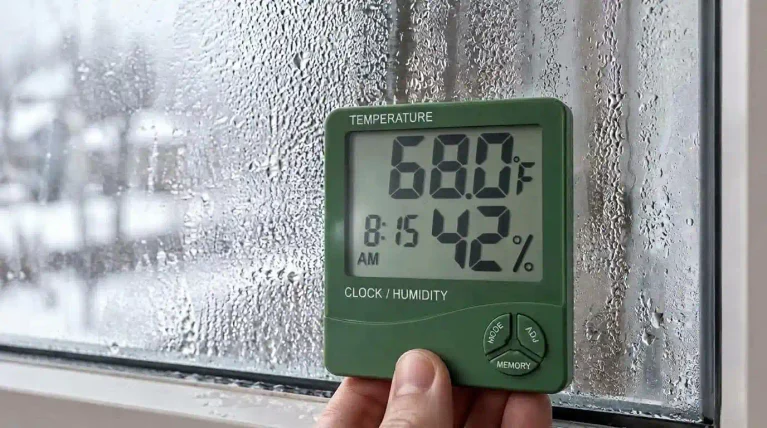 Digital humidity monitor showing 68°F and 42% humidity beside a window covered in winter condensation