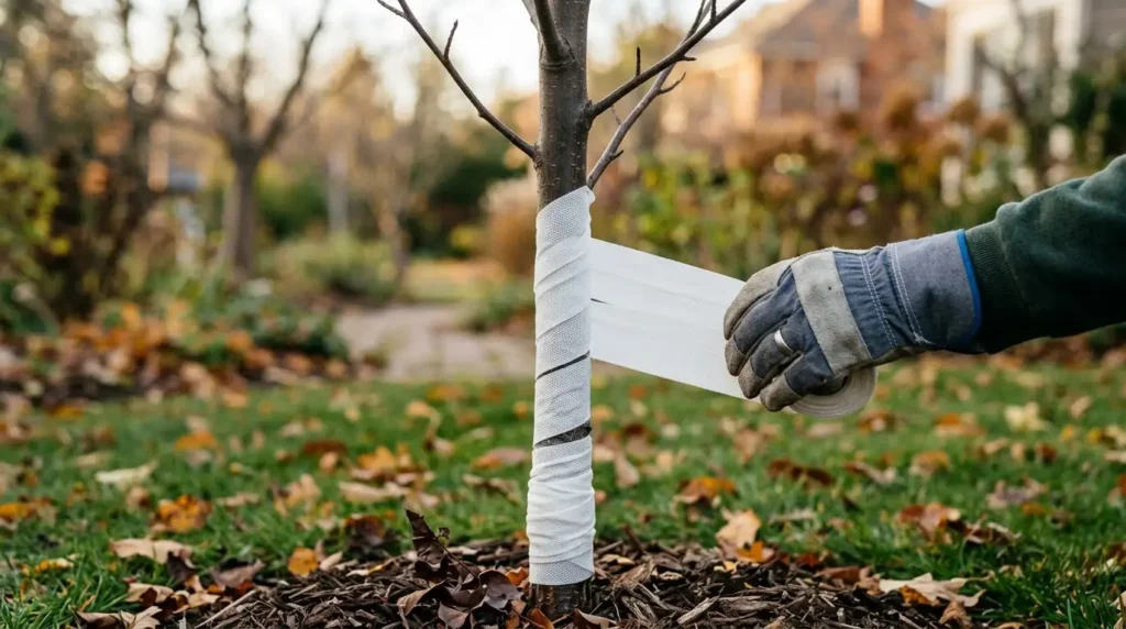 Gardener wrapping a young tree trunk with white tree wrap in fall