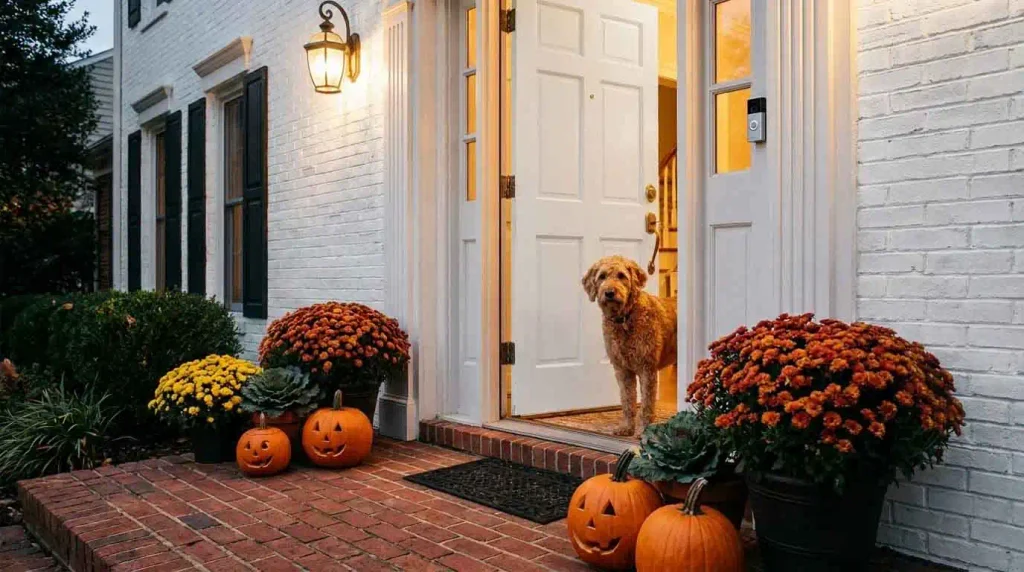 Curly-coated dog standing inside an American front door decorated with pumpkins and fall mums for Halloween