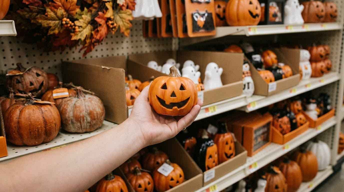 Shopper holding a Halloween pumpkin decoration in a seasonal retail store